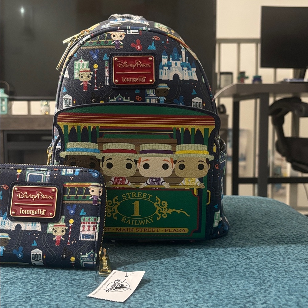 Loungefly Disney Parks Navy and Multicolor Backpack and Wallet